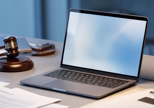 Laptop mit E-Mail-Entwurf und Kanzleiunterlagen auf einem aufgeräumten Arbeitstisch