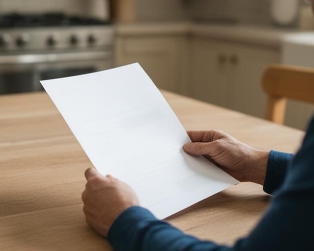 Privatperson liest einen Bescheid am Küchentisch mit Notizen daneben