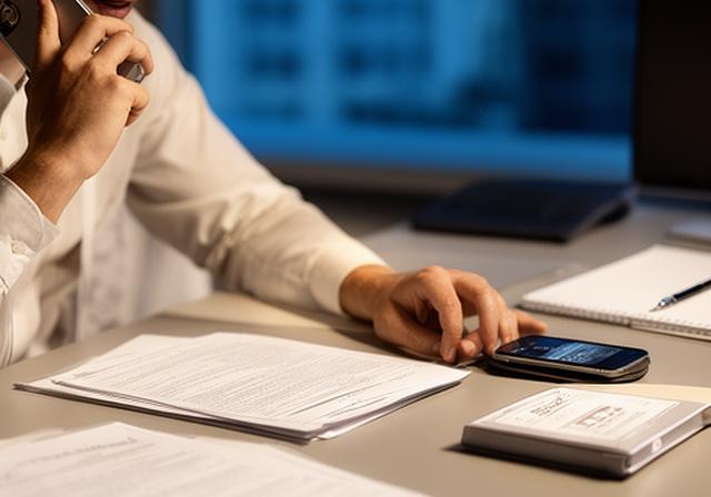 Anwalt führt ein Telefonat am Schreibtisch mit Unterlagen und Notizblock