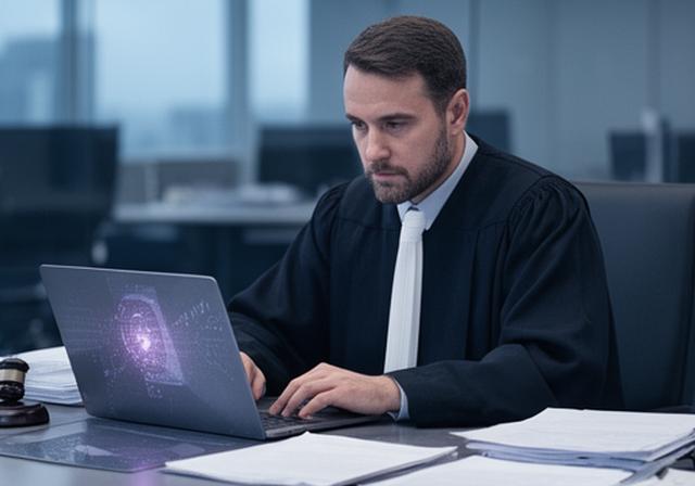 Jurist am Schreibtisch mit Laptop, Gesetzestexten und ruhiger Büroatmosphäre