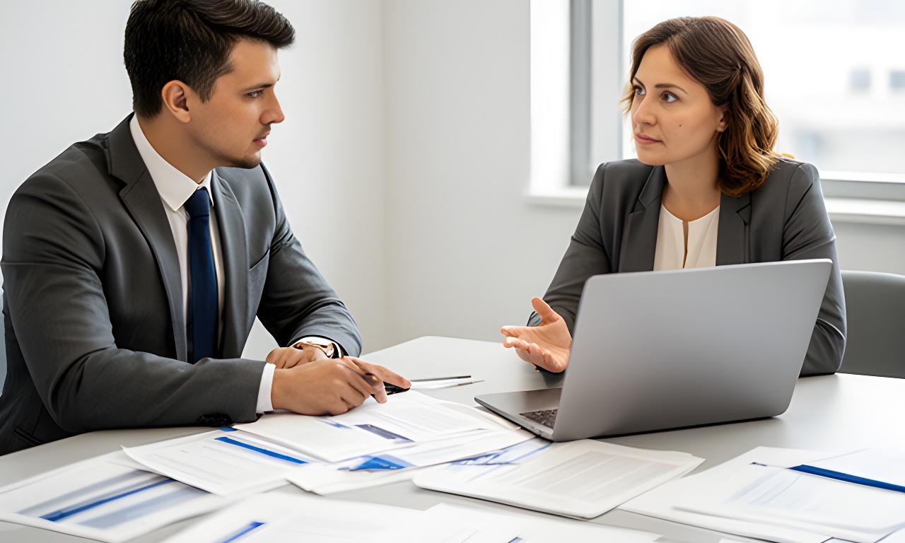 Anwältin und Anwalt im hellen Besprechungsraum vor Unterlagen und Laptop