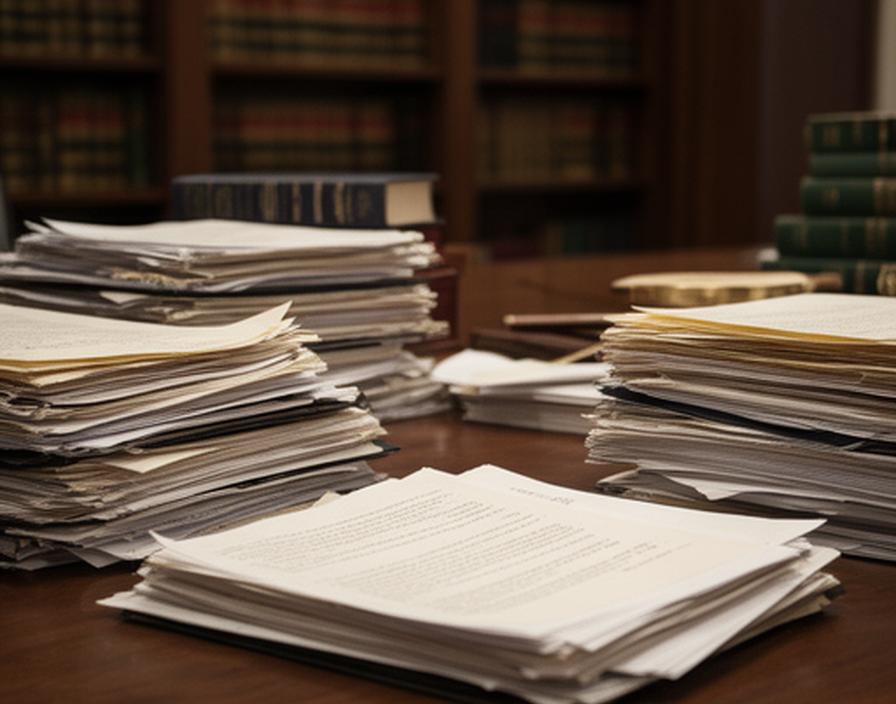 Juristische Unterlagen, Bücher und ein Besprechungstisch in einer Wiener Kanzlei