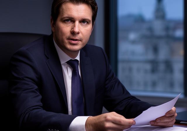 Anwalt in dunklem Sakko beim Besprechen von Unterlagen mit Blick auf die Stadt Wien