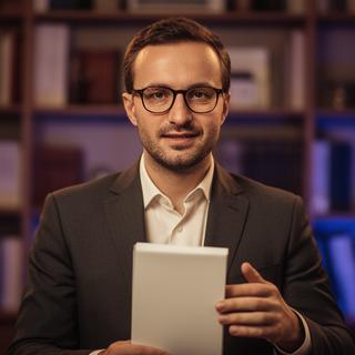 Anwalt mit Brille vor Bücherregal und Notizblock in einer Wiener Kanzlei