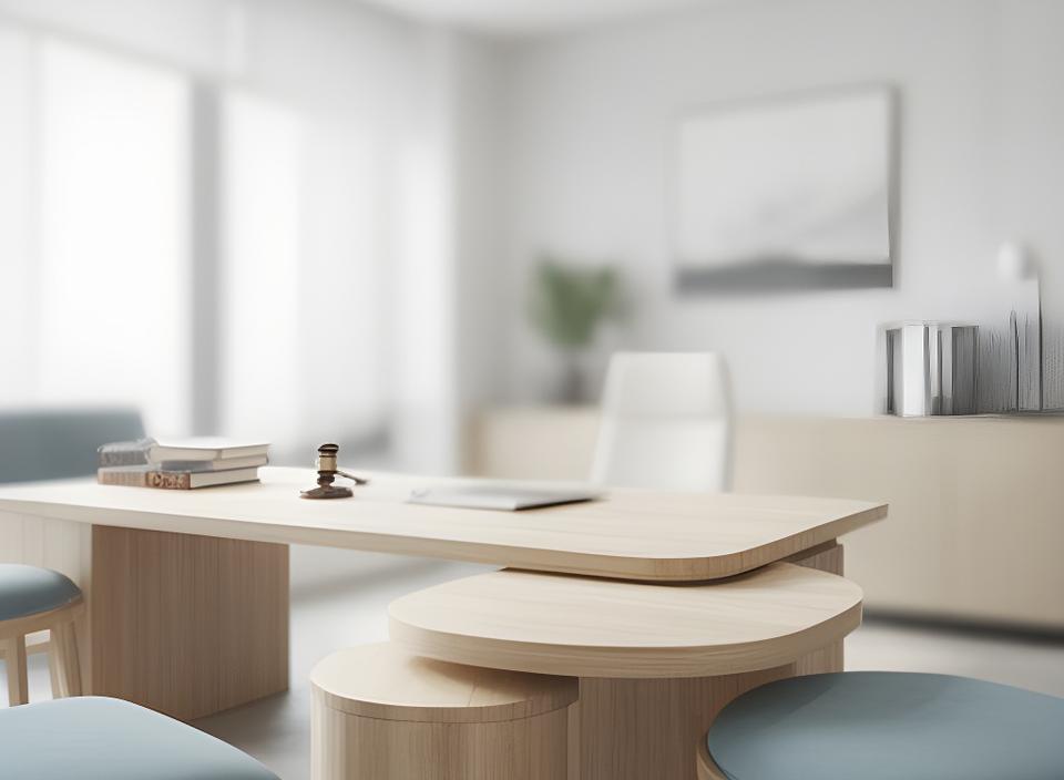 Helle Kanzleiräume mit Holzdetails, runden Möbeln und einem ruhigen Arbeitsplatz in Wien